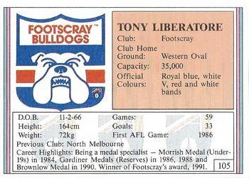 1992 AFL Regina #105 Tony Liberatore Back